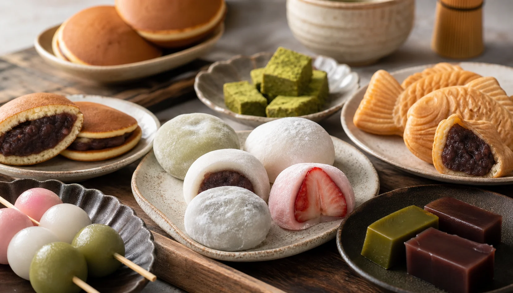 Illustration editoriale pour Pâtisseries japonaises : guide simple pour comprendre les saveurs, textures et spécialités